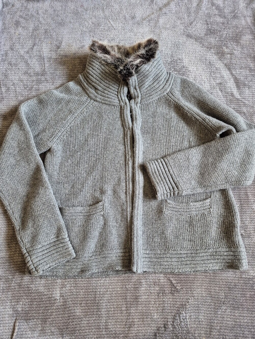Ellen Tracy Lambswool Blend Sweater Detachable Faux Fur Collar Gray XL Pockets,